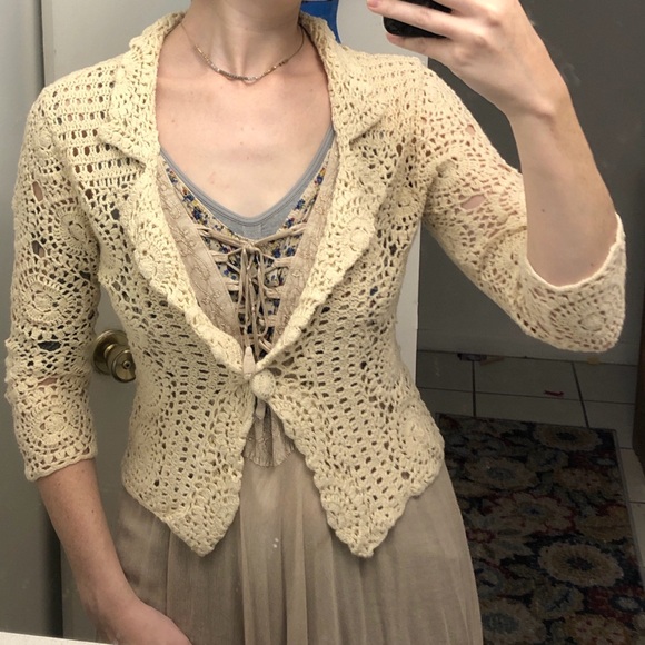 Charlotte Russe Sweaters - Y2K fairy-core Cream crochet cardigan with a boho vibe